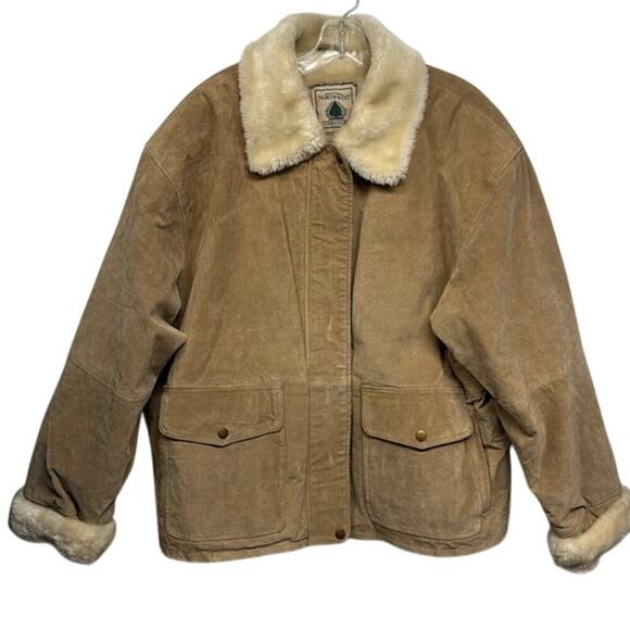 Vintage 1996 Northwest Territory Tan Leather Bomber Jacket Faux Fur Collar Large - Picture 1 of 13